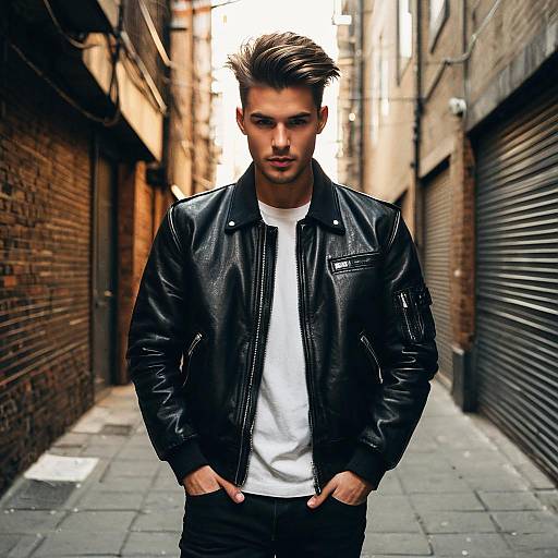 Young Man in Black Leather Jacket Standing in Urban Alley Street Style
