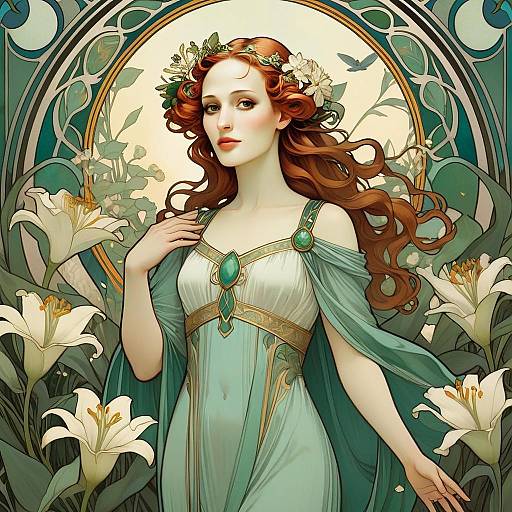 Art Nouveau Inspired Portrait of Red-Haired Woman with Lilies