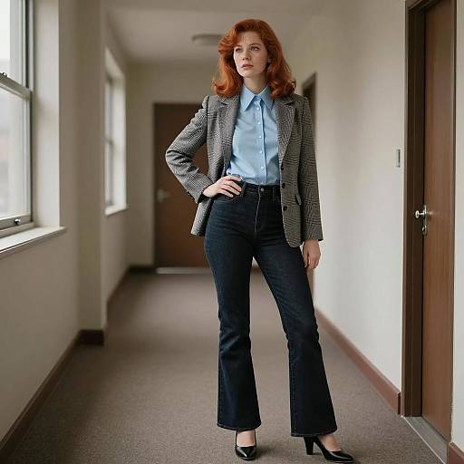 Confident Young Woman in Gen Z Style Flared Jeans and Blazer