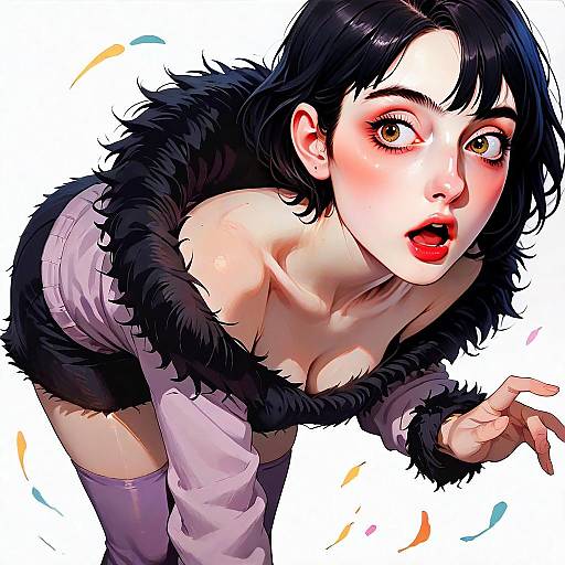 Stylized Anime-Inspired Digital Illustration of Surprised Woman in Furry Off-Shoulder Outfit