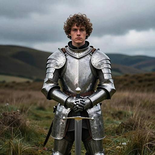 Young Man in Medieval Knight Armor Holding Sword Outdoors