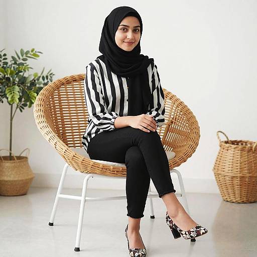 Young Woman in Black Hijab Sitting in Modern Wicker Chair with Minimalistic Interior