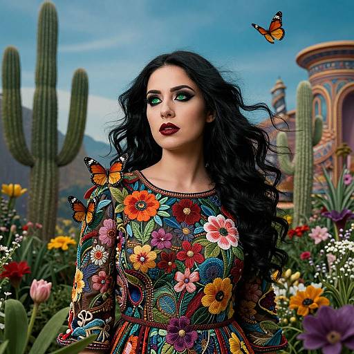 Woman in Embroidered Floral Dress Surrounded by Desert Garden and Butterflies