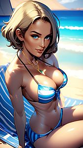 Digital Art of Woman in Blue Striped Bikini on Beach