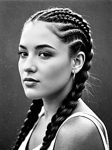 Portrait of Young Woman with Cornrow Braid Hairstyle in Black and White