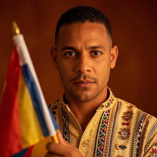 Portrait of Man in Traditional Embroidered Garment Holding Flag