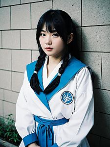 Realistic Cosplay Woman as Yuki Tsukumo in Blue and White Costume
