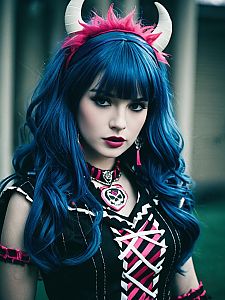 Woman in Monster High Costume with Blue Hair and Gothic Punk Style