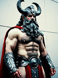 Hephaestus God Costume - Muscular Man in Fantasy Warrior Outfit with Horned Helmet
