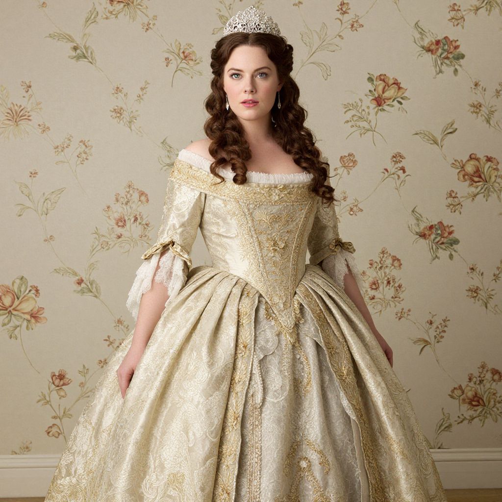 18th Century Woman in Regal Brocade Gown with Tiara