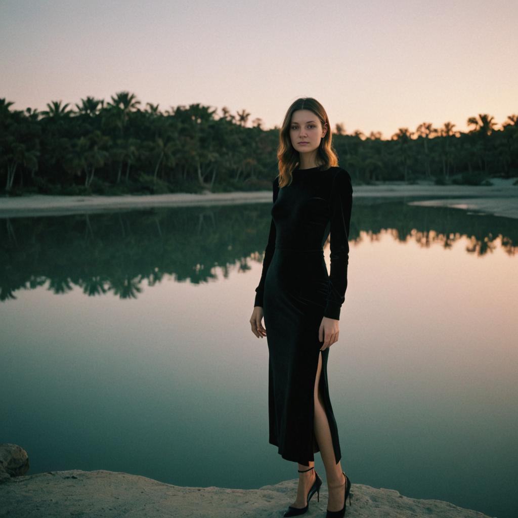 Elegant Woman in Black Dress by Water at Dusk