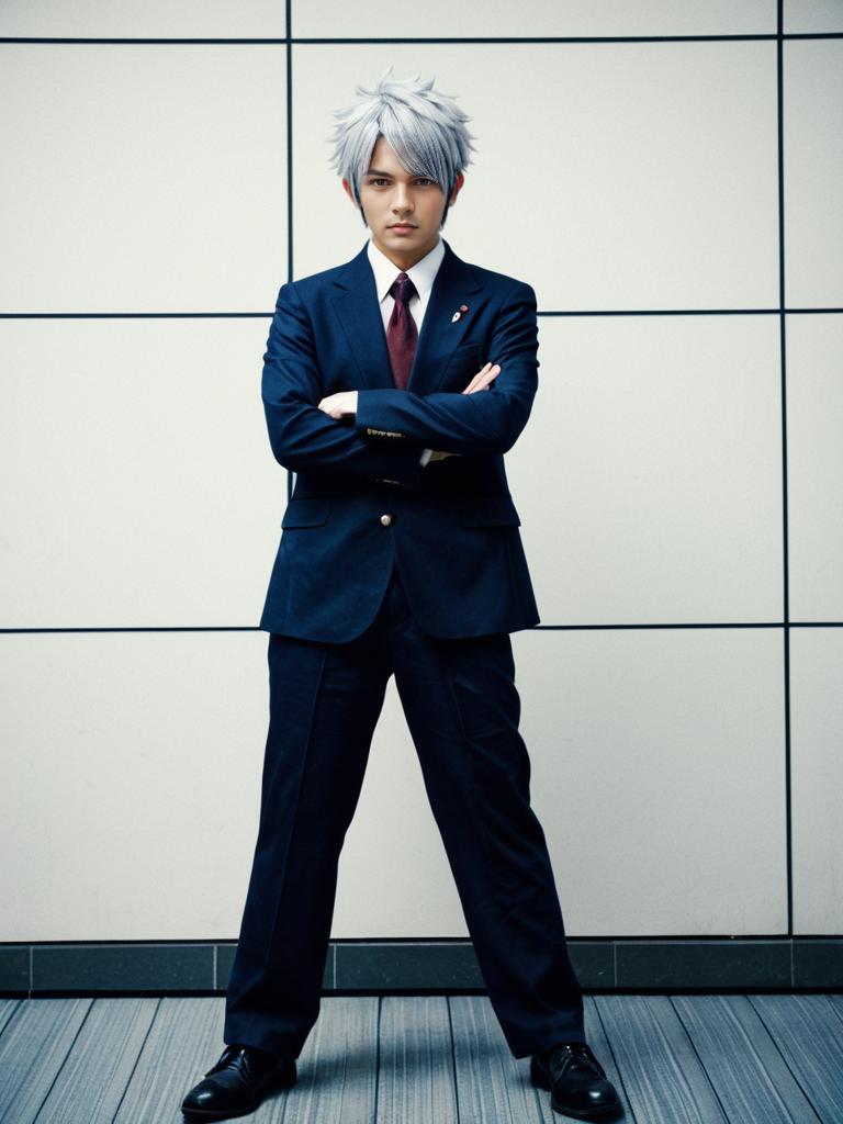 Confident Man in Navy Business Suit with Silver Hair Standing Against Tiled Wall