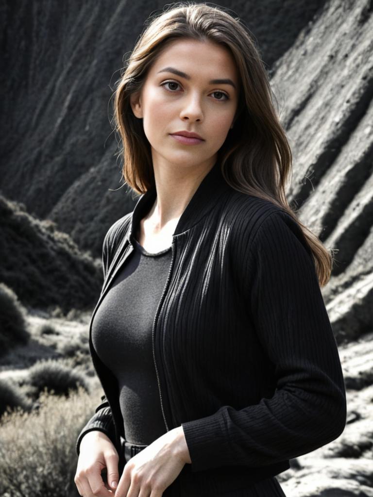 Elegant Woman in Black Outfit Against Rugged Mountains