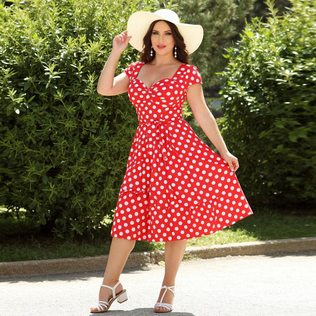 Vintage Style Woman in Red Polka Dot Midi Dress Outdoor Fashion
