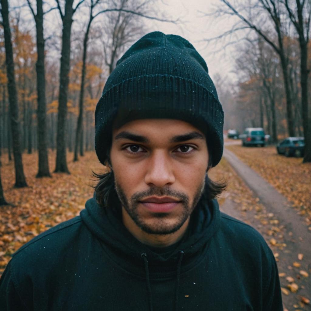 Stylish portrait of a man in a black beanie with an autumn backdrop