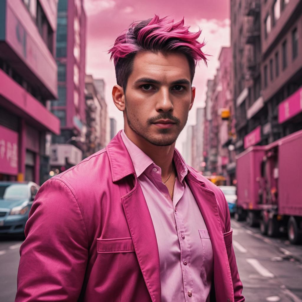 Confident man with pink hair and jacket in urban setting