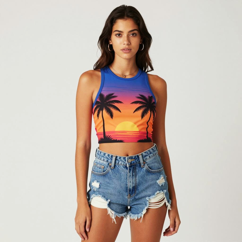 Young Woman in Sunset Palm Tree Crop Top and Distressed Denim Shorts