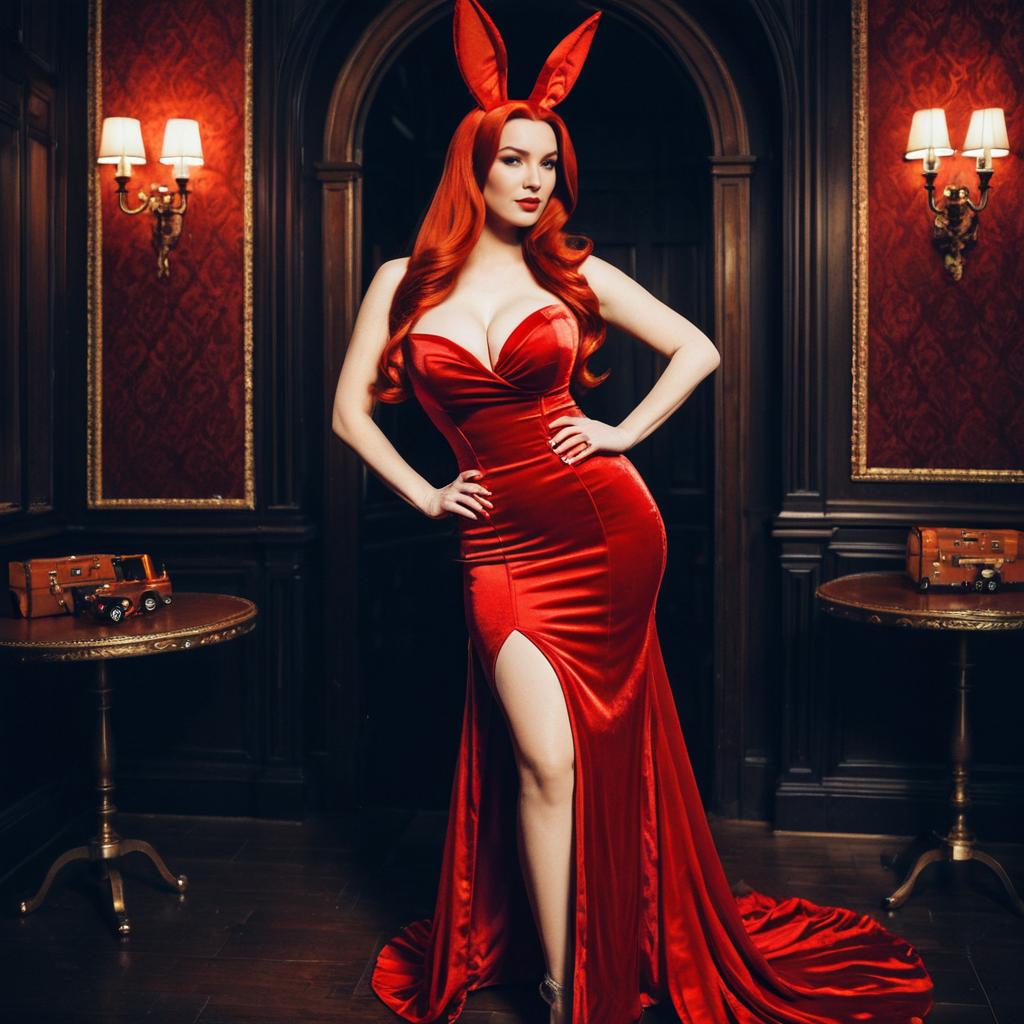 Elegant Woman in Red Satin Gown with Bunny Ears in Vintage Interior