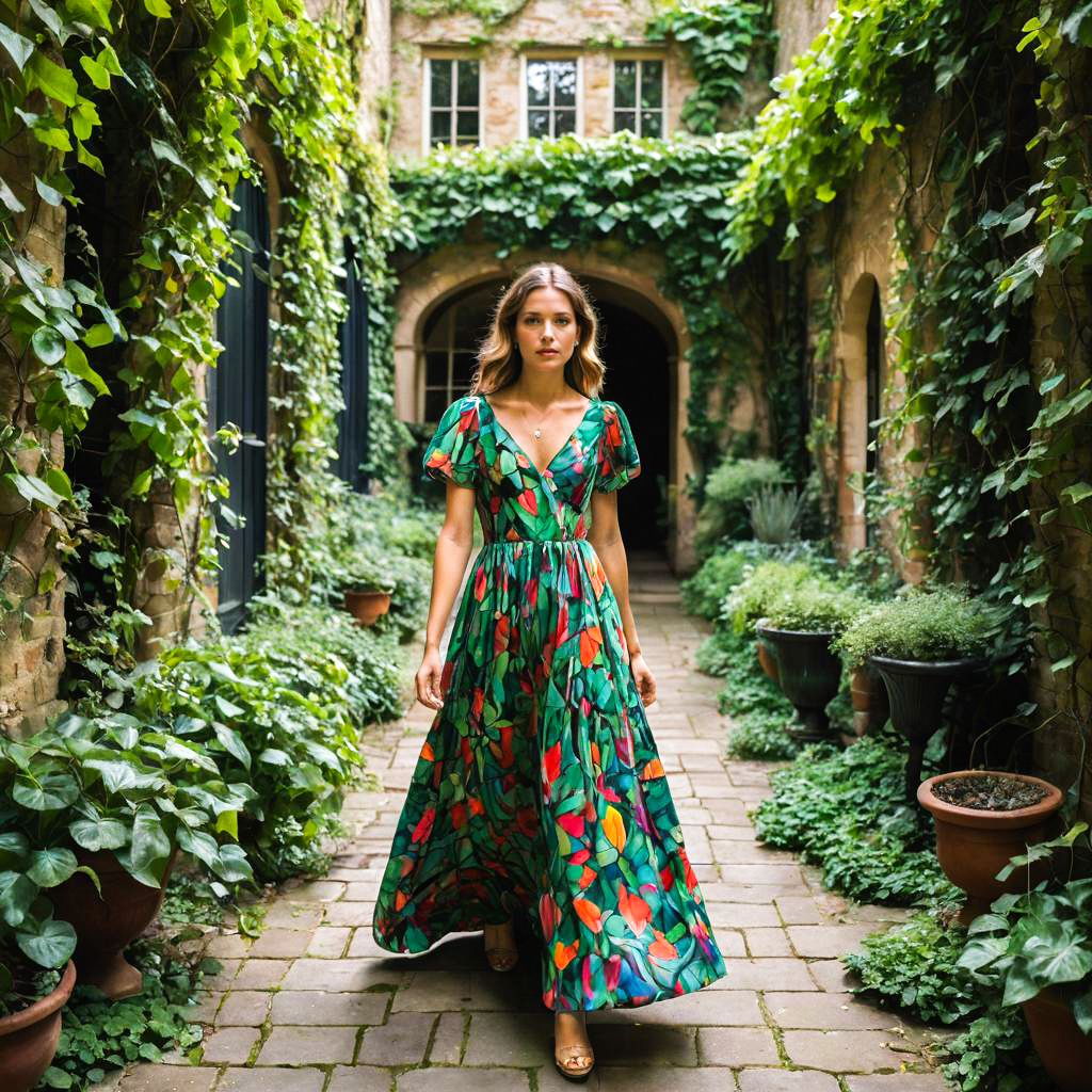 Woman in Floral Maxi Dress in Ivy Pathway