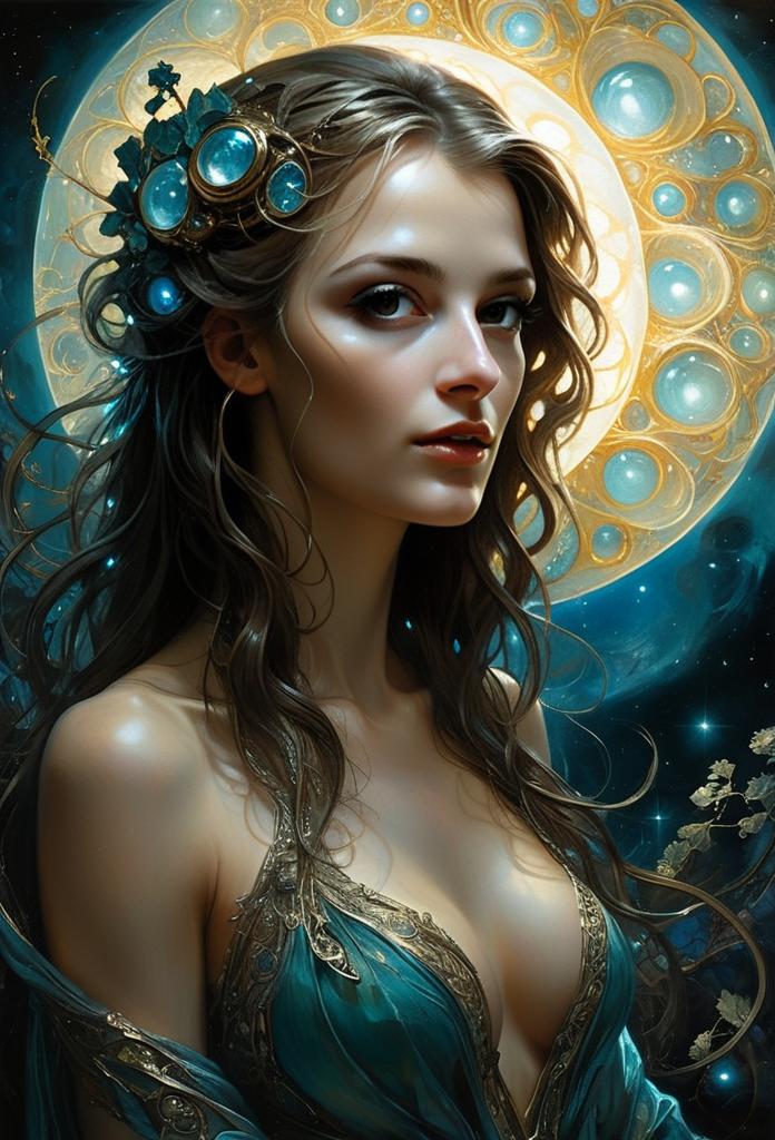 Fantasy Digital Portrait of Woman with Celestial Headpiece and Ethereal Background