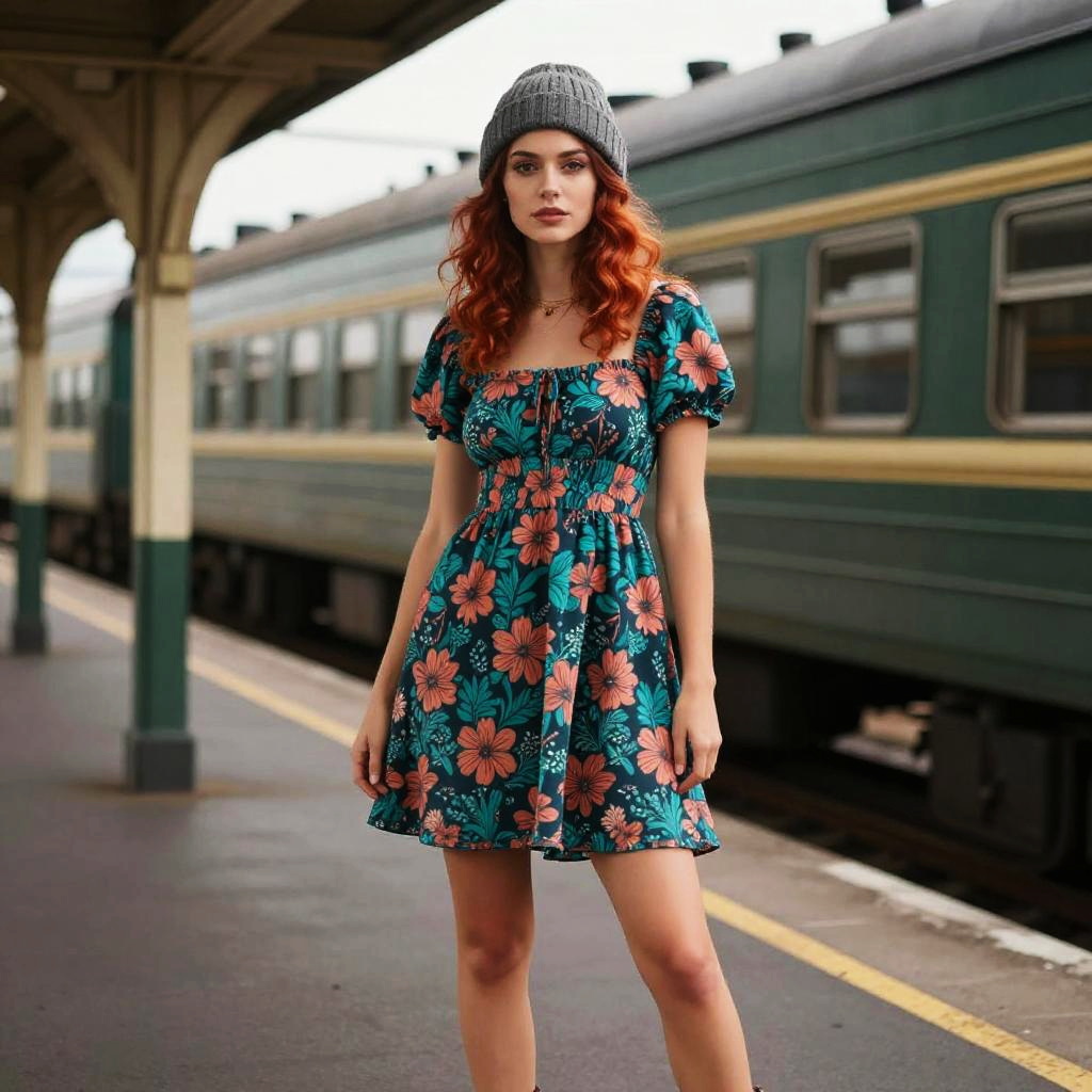 Gen Z Woman Wearing Floral Dress and Beanie at Vintage Train Station