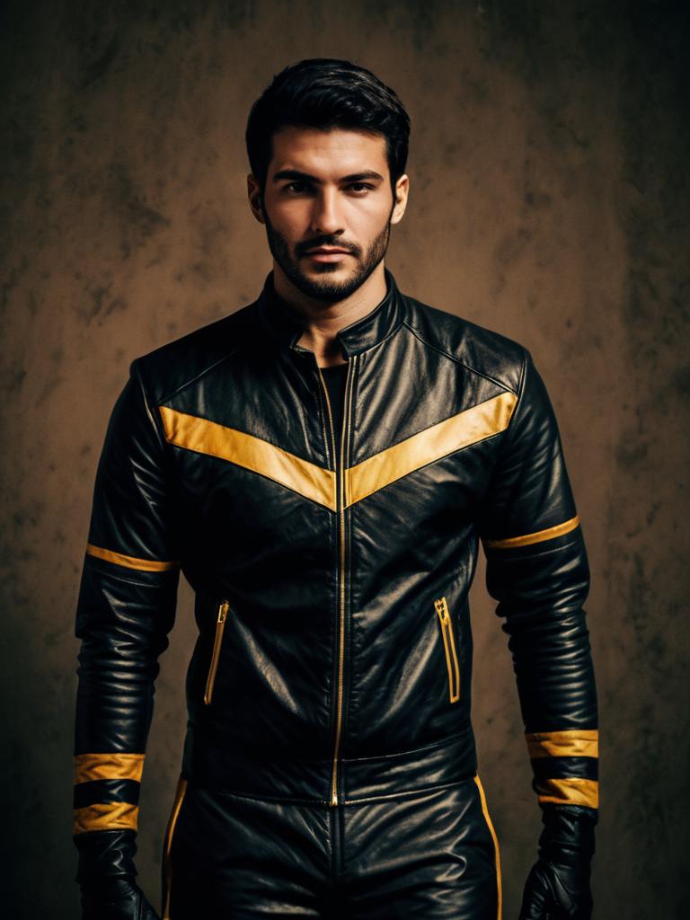 Man in Black and Yellow Racer-Style Leather Costume Cosplay