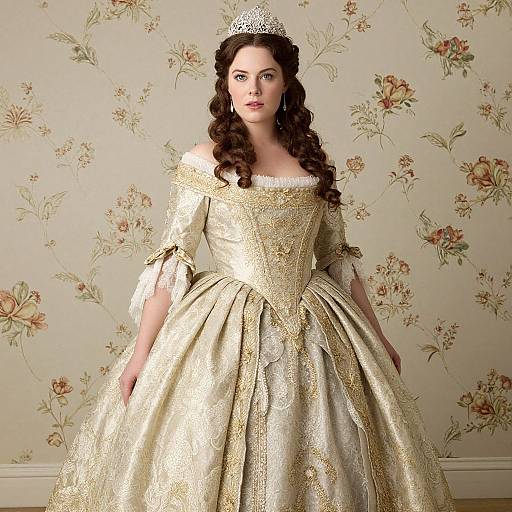 18th Century Woman in Regal Brocade Gown with Tiara