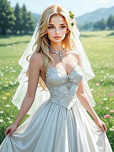 Blonde Bride in Elegant White Gown in Meadow