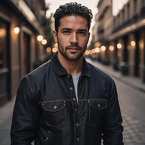 Confident man on urban street at dusk