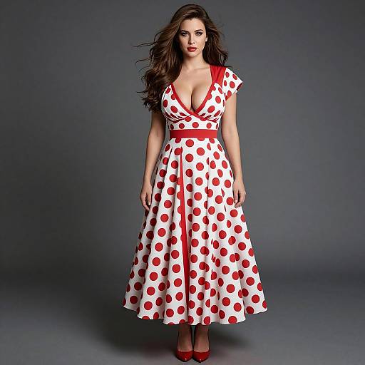 Vintage 1950s Polka Dot Dress with Red Accents Worn by Woman