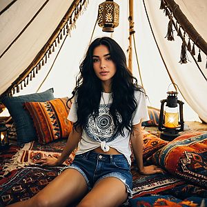 Young Woman in Bohemian Tent with Cushions