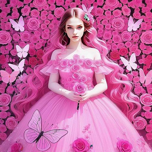 Anime Young Woman in Pink Rose Dress Surrounded by Butterflies Digital Art