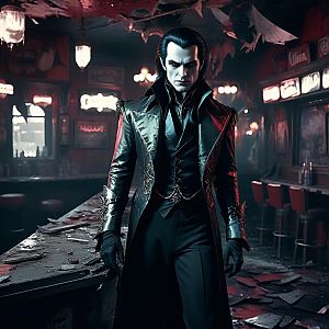 Sinister Man in Victorian Coat at Abandoned Bar