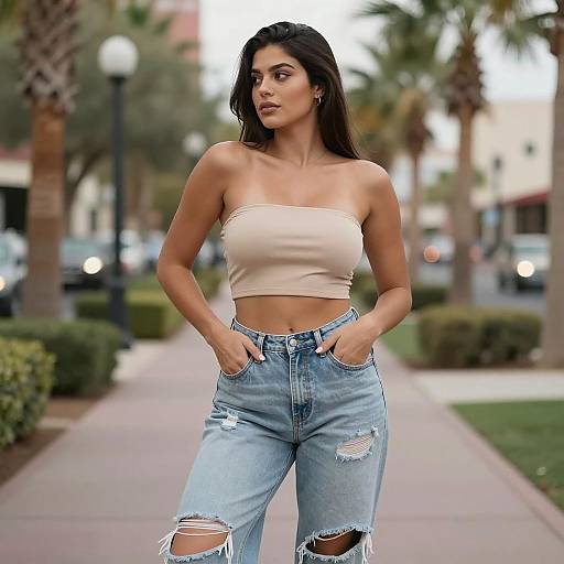 Trendy Gen Z Woman in Beige Crop Top and Ripped Jeans on Palm Tree Street