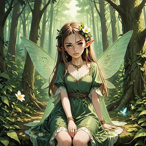 Fantasy Illustration of Fairy Woman in Enchanted Forest with Green Dress
