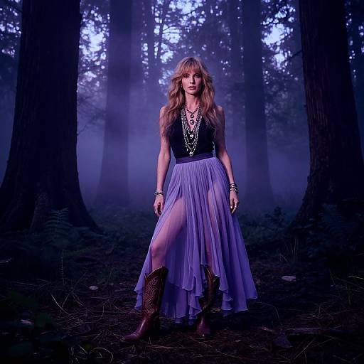 Woman in Flowing Lavender Skirt and Cowboy Boots in Mystical Forest