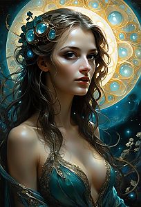 Fantasy Digital Portrait of Woman with Celestial Headpiece and Ethereal Background