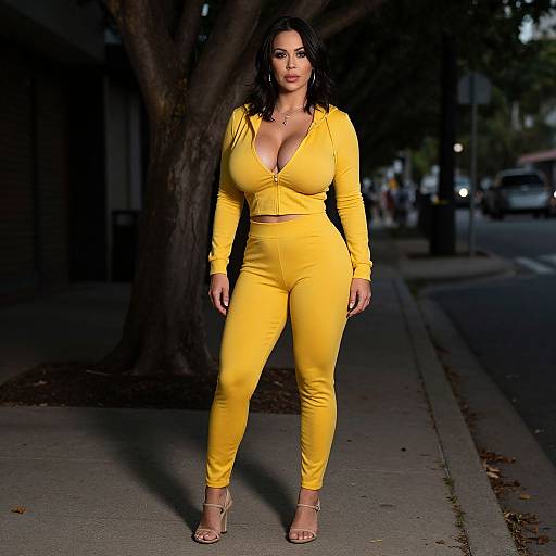 Woman in Yellow Fitted Tracksuit Posing Outdoors on Sidewalk