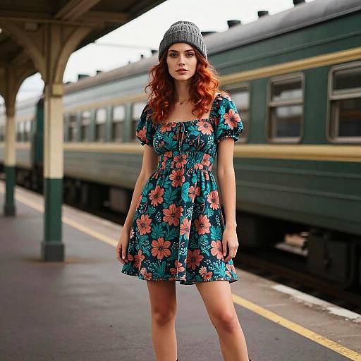 Gen Z Woman Wearing Floral Dress and Beanie at Vintage Train Station