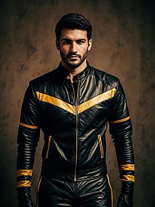 Man in Black and Yellow Racer-Style Leather Costume Cosplay