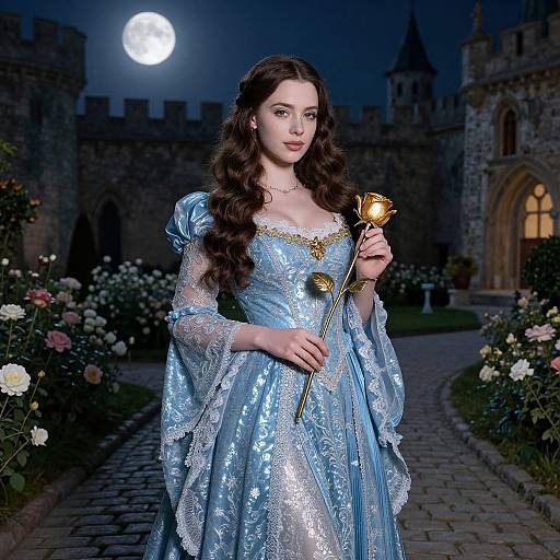 Woman in Renaissance Blue Dress Holding Golden Rose in Castle Garden at Moonlight