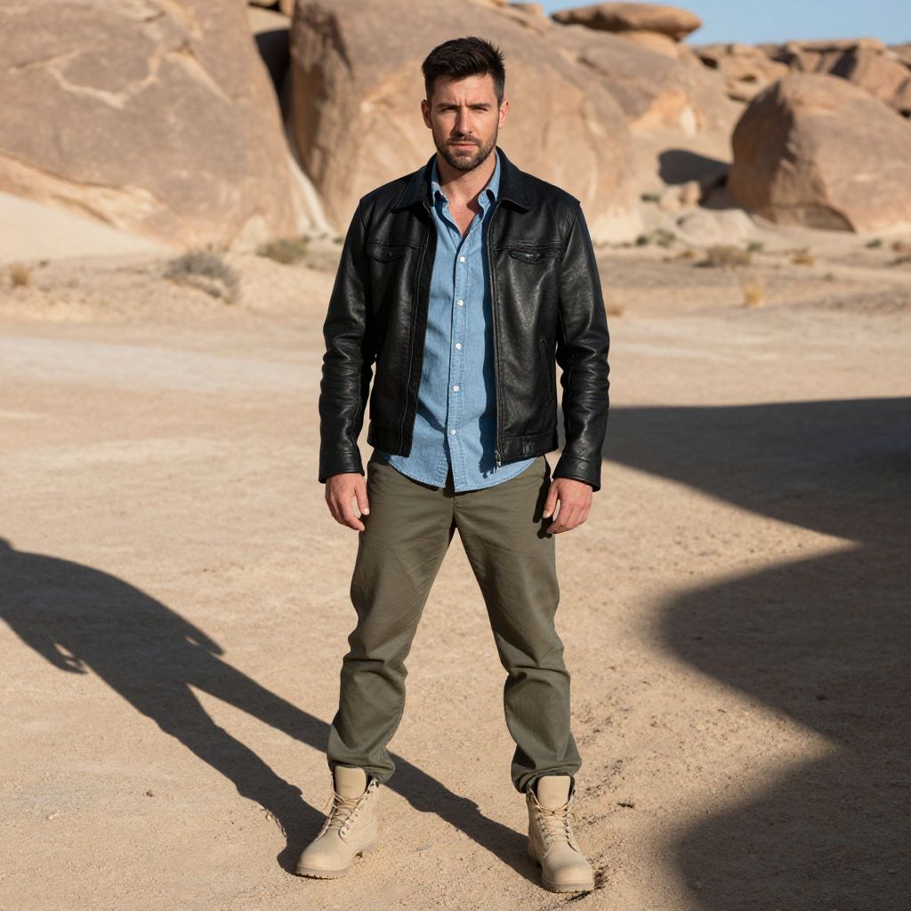 Man in Leather Jacket and Boots Standing in Desert Landscape