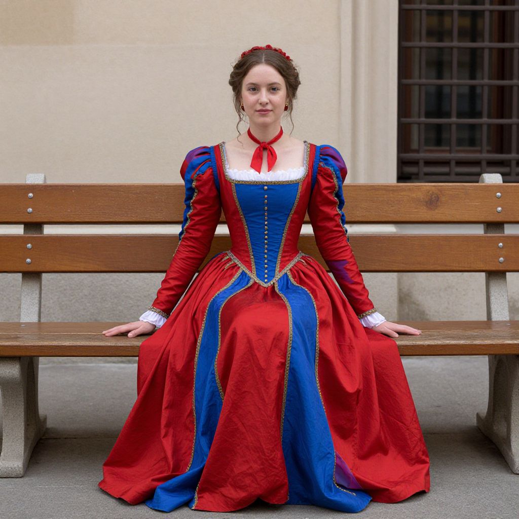 Woman in Red and Blue Renaissance Dress Sitting on Wooden Bench