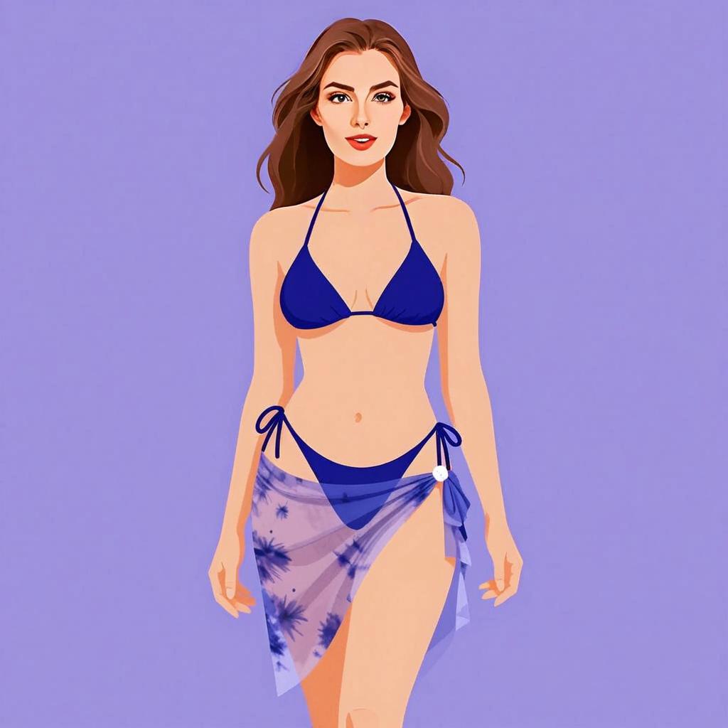 Woman in Deep Blue Triangle Bikini with Sarong Illustration