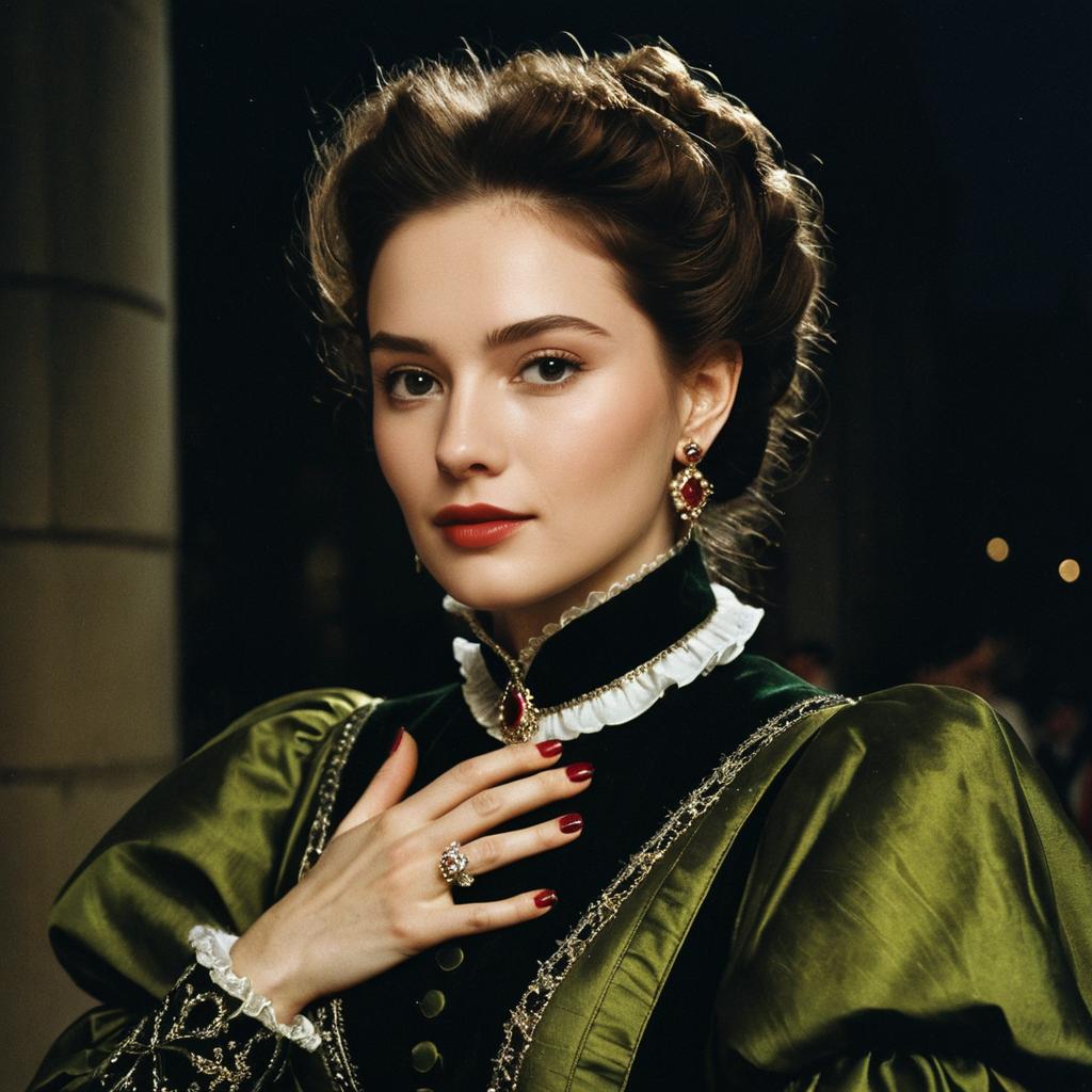 Elegant Woman in Vintage Green Velvet Renaissance Dress