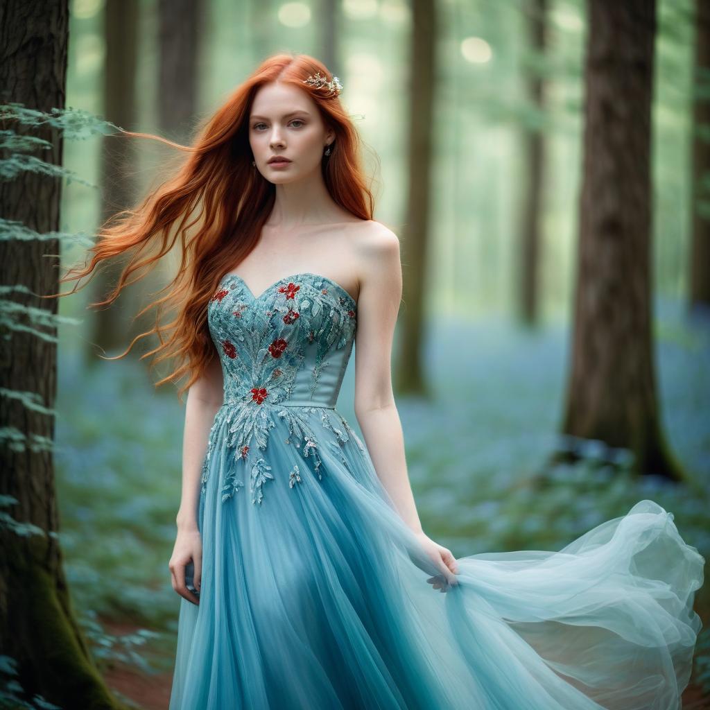 Red-haired Woman in Elegant Blue Floral Embroidered Gown in Enchanted Forest