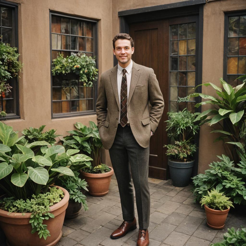 Confident Man in Classic Suit in Serene Courtyard