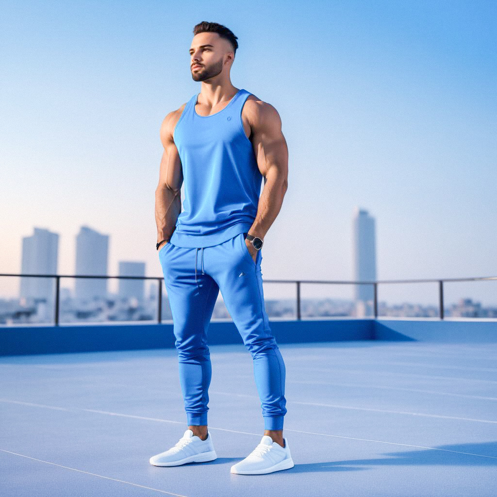 Fit Man in Stylish Blue Athletic Outfit