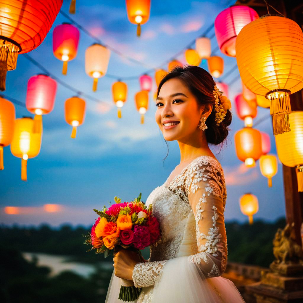 Joyful Bride in Lace Gown with Bouquet and Lanterns