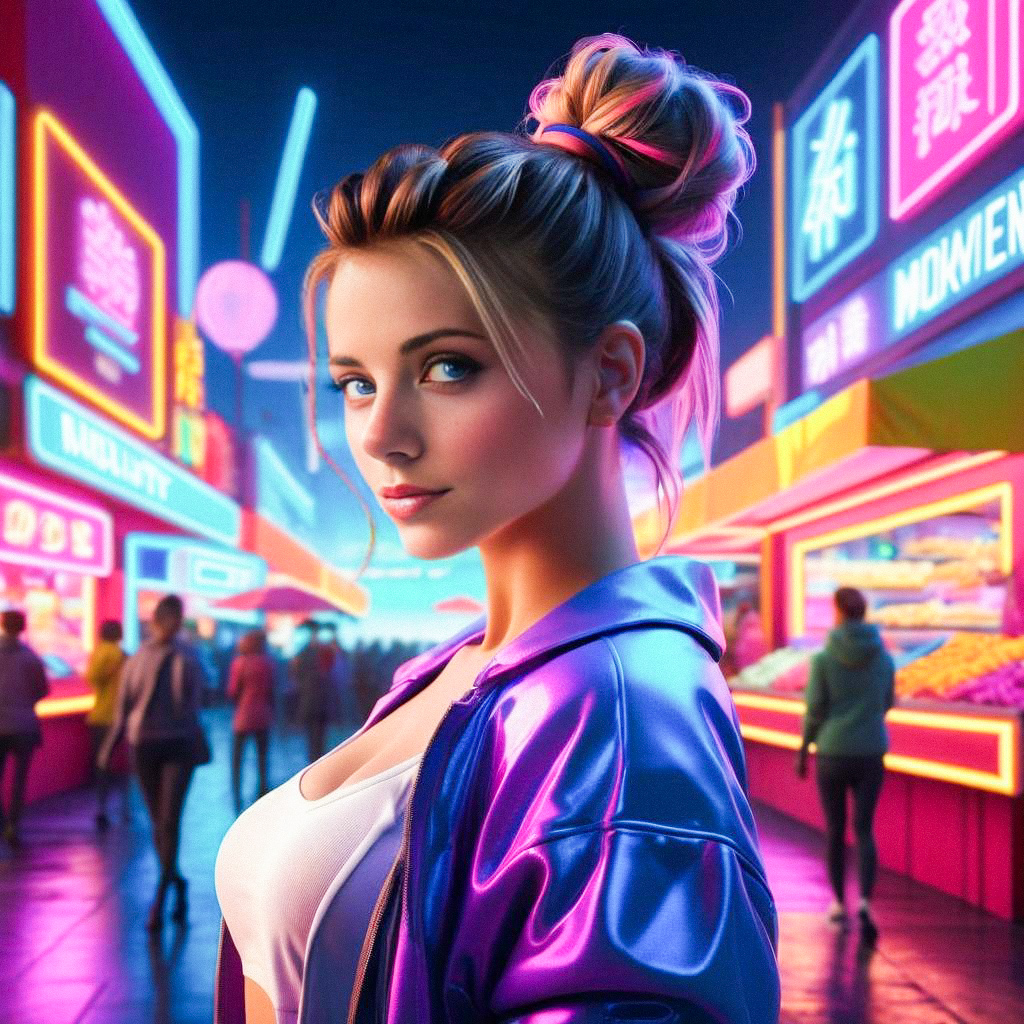 Young Woman in Purple Jacket on Neon Street